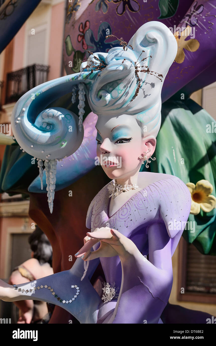 Spain, Valencia Province, Valencia, Papier Mache figure of well dressed lady in the street during Las Fallas festival. Stock Photo