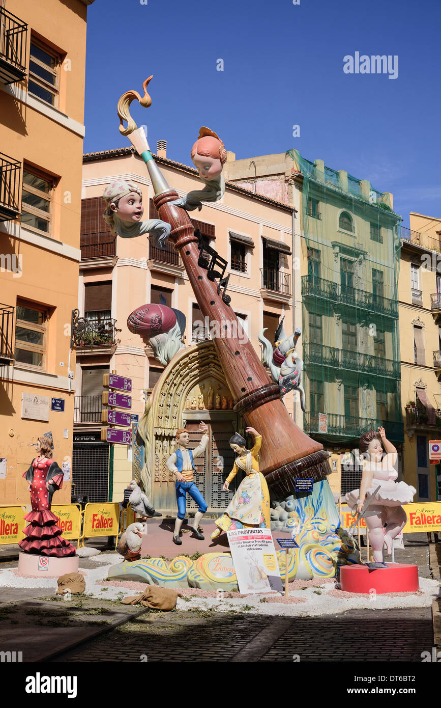 Spain, Valencia Province, Valencia, Falla scene with Papier Mache figures in the streets of Carmen district during Las Fallas. Stock Photo