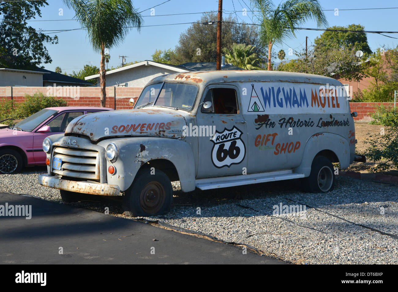 Classic GMC panel van sign written for the Wigwam Motel on Route 66 in San Bernardino California Stock Photo