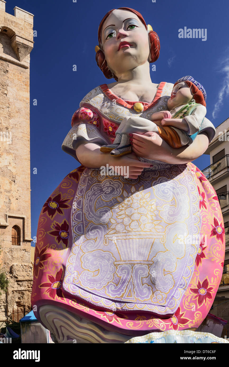 Spain, Valencia, Las Fallas festival, Papier Mache figure at Torres de Quart during Las Fallas