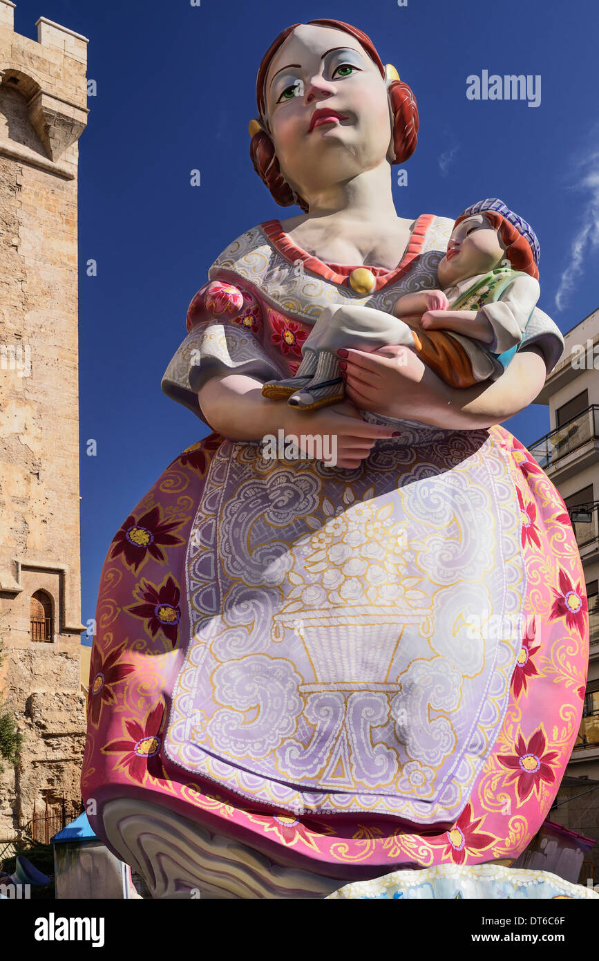 Spain, Valencia, Las Fallas festival, Papier Mache figure at Torres de Quart during Las Fallas festival. Stock Photo