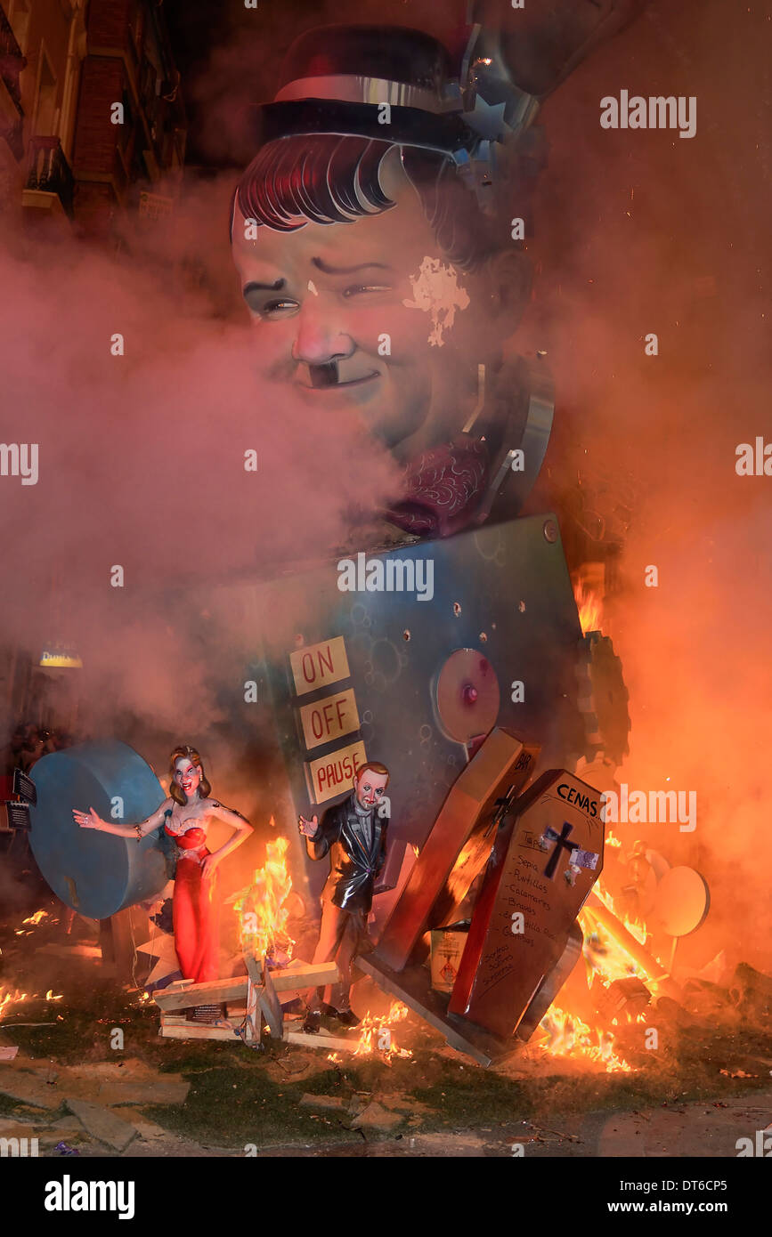 Spain, Valencia Province, Valencia, La Crema, The Burning of the Papier Mache figures in the street during Las Fallas festival. Stock Photo