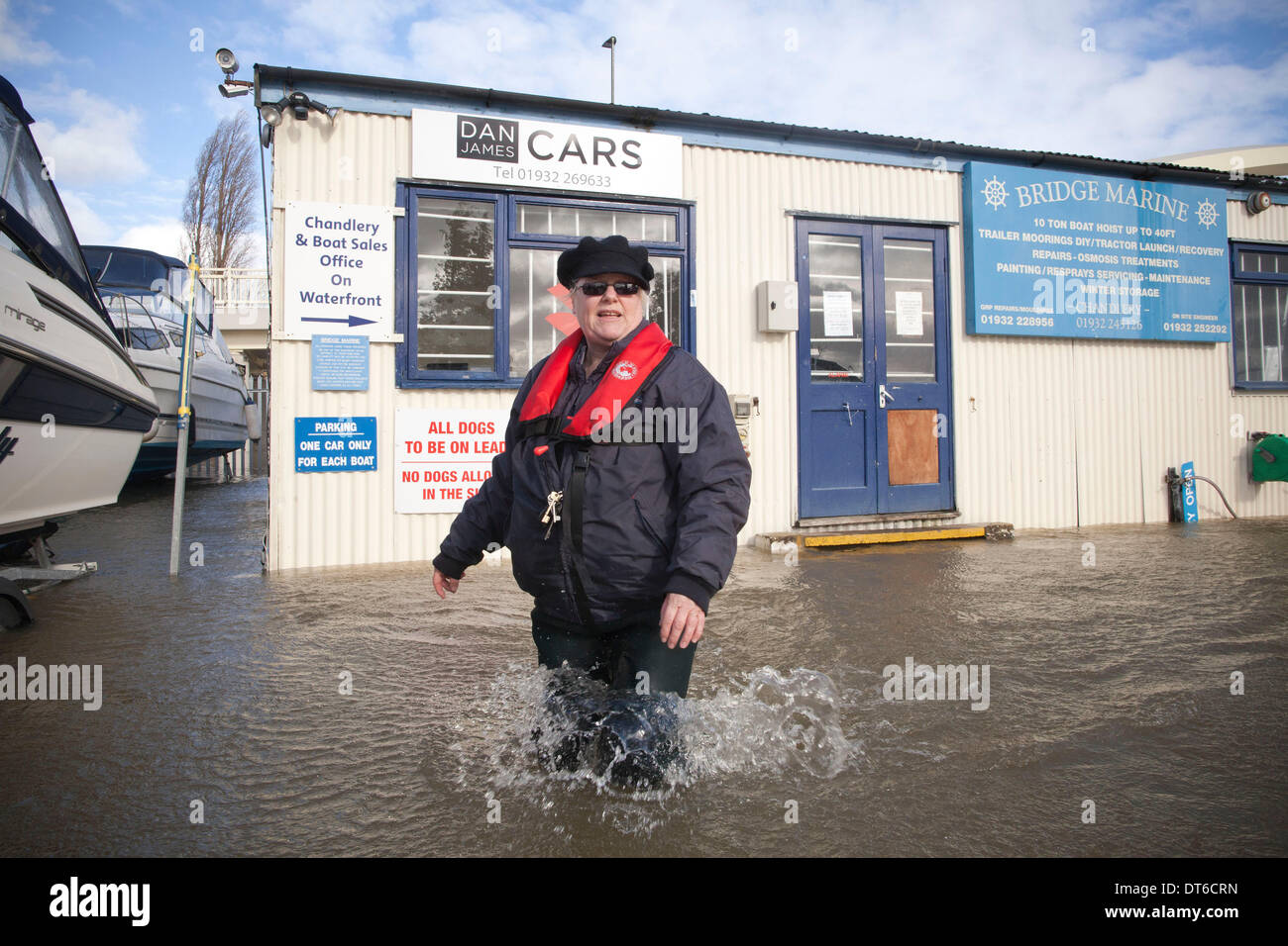 Shepperton, Greater London, UK. 9th Feb, 2014.  Jenny Beagle outside her business premises on the flooded streets in the town of Shepperton, located in the borough of Spelthorne, Greater London. Credit:  Jeff Gilbert/Alamy Live News Stock Photo