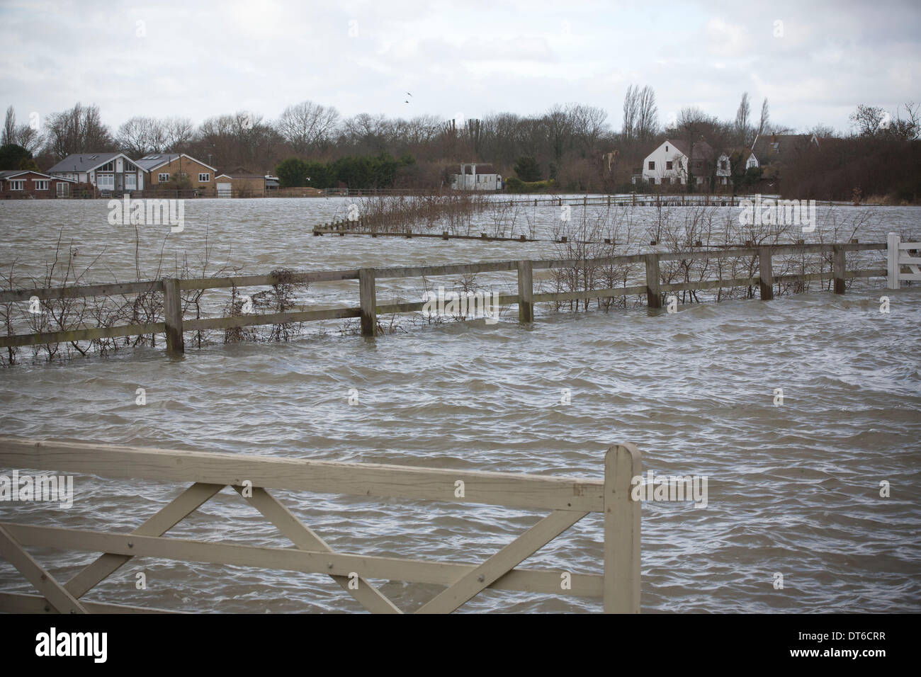 Shepperton, Greater London, UK. 9th Feb, 2014.  Fields are completely emersed in water next to the flooded streets in the town of Shepperton, located in the borough of Spelthorne, Greater London. Credit:  Jeff Gilbert/Alamy Live News Stock Photo