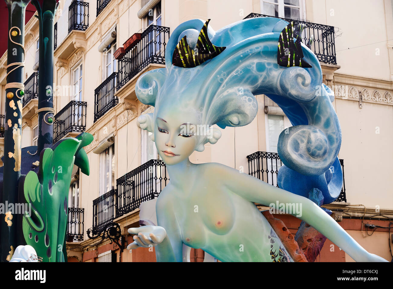 Spain, Valencia Province, Valencia, Papier Mache figure of mermaid in the street during Las Fallas festival. Stock Photo