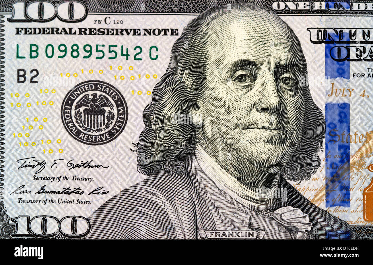 Portrait of Benjamin Franklin from one hundred dollars bill new edition macro Stock Photo