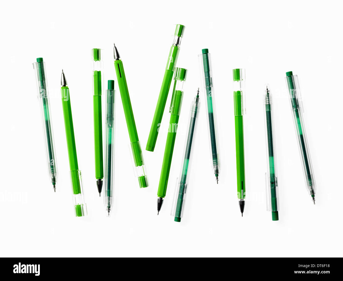 Green Office Supplies. A group of pens, blue and green colours Stock