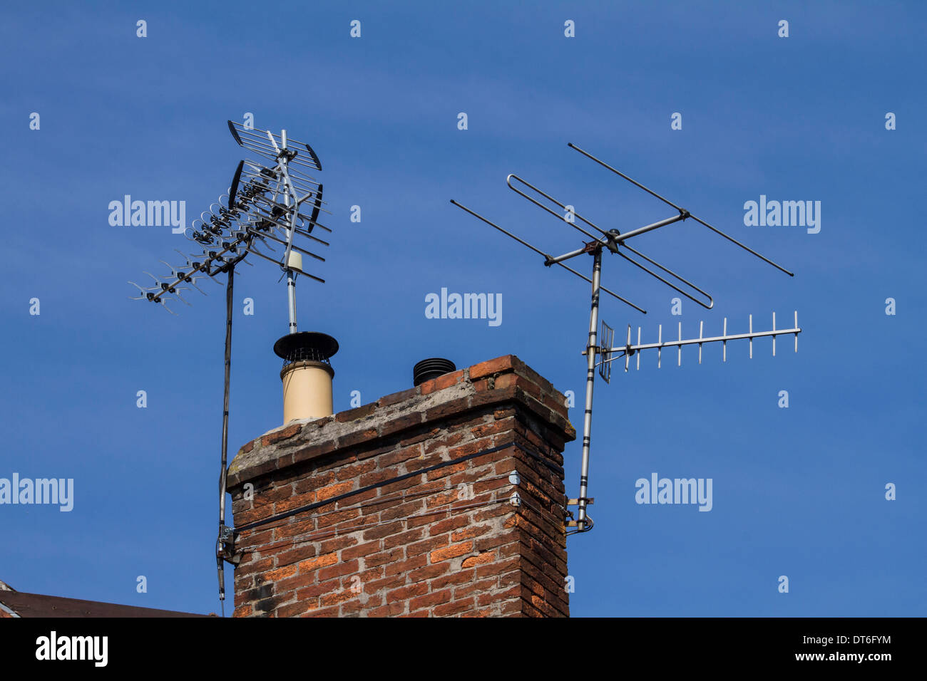 Tv Aerials attached to a chimney Stock Photo Alamy