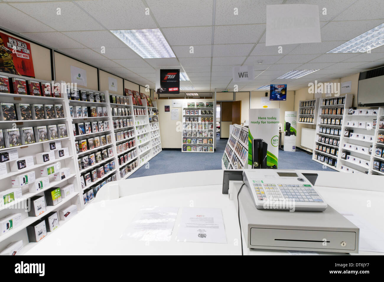 Multi media retail store - DVD, PC games, music CD's with no assistants or customers. Stock Photo