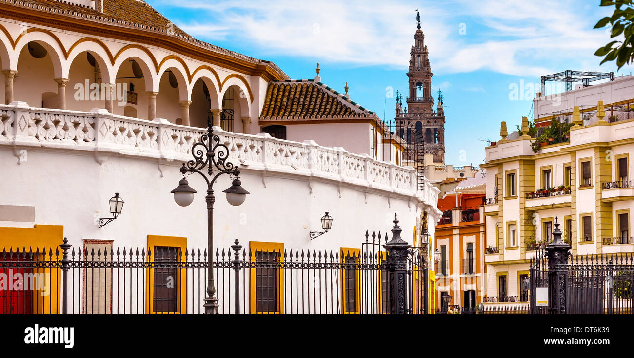 Bull Fight Ring Stadium Cityscape Giralda Spire Bell Tower, Seville Cathedral Andalusia Spain Stock Photo