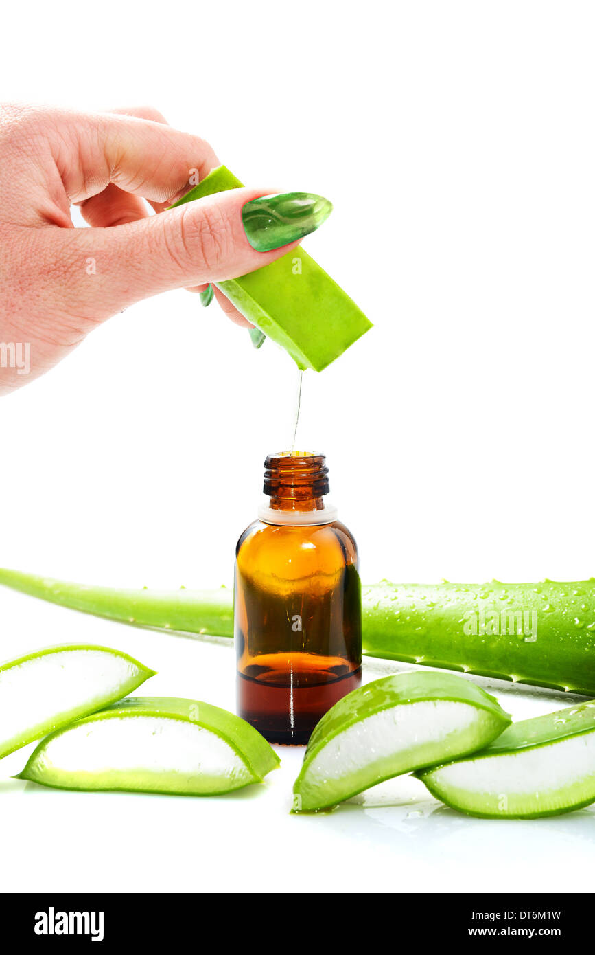 Woman's hand dropping a drop from a leaf of aloe vera in a bottle Stock Photo
