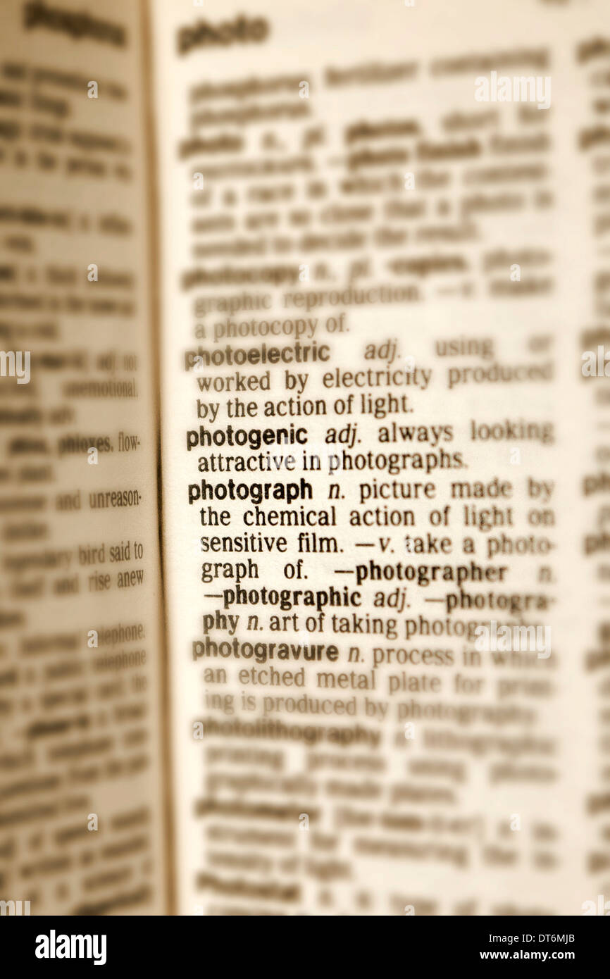 A page in a dictionary with the word photograph highlighted. Stock Photo