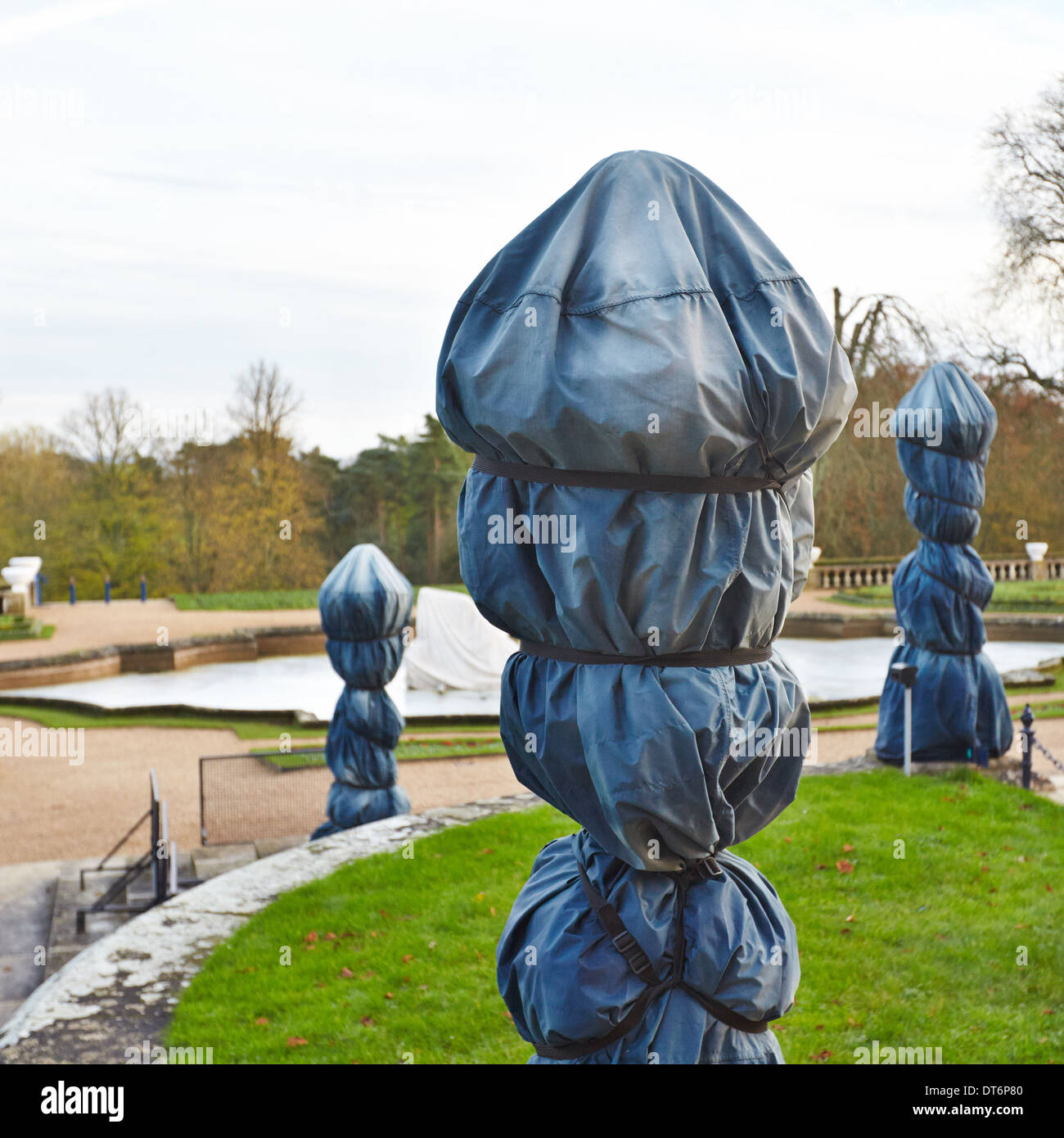 Statues wrapped to protect against winter frosts at Waddesdon Manor