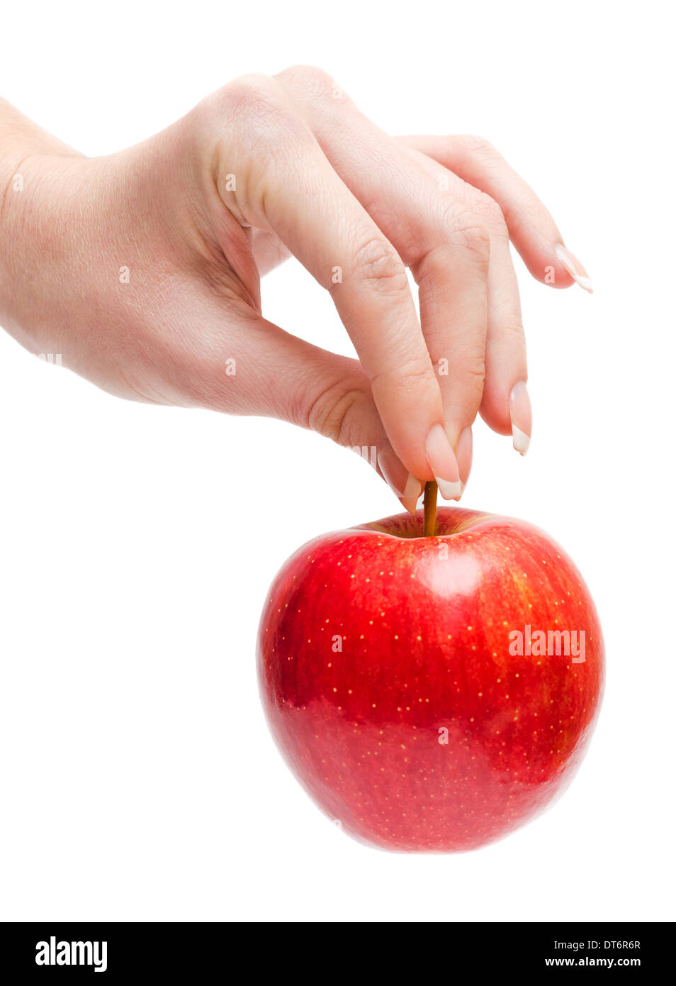 Woman hand holding a red apple isolated on whine background Stock Photo