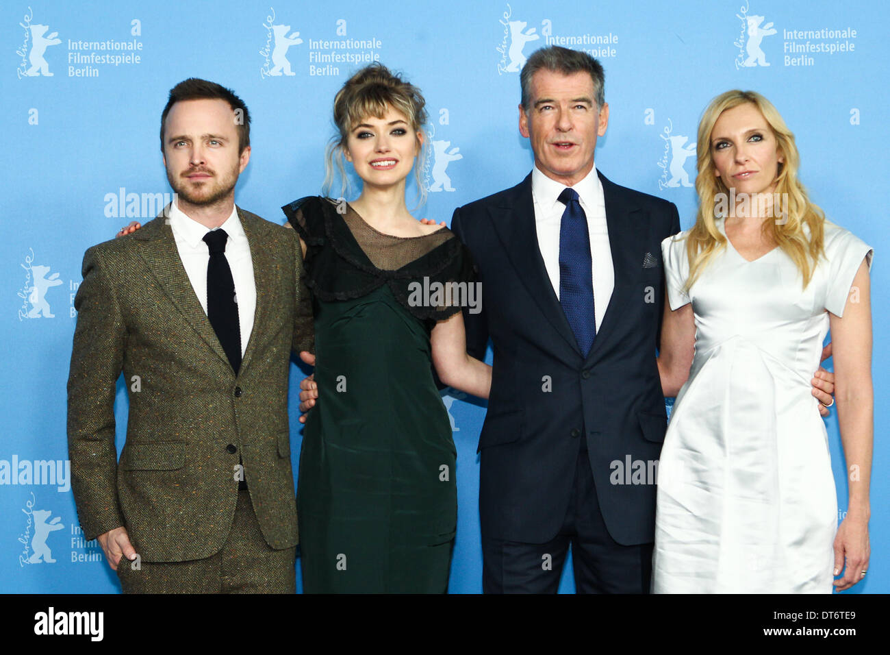 Berlin, Germany. 10th Feb, 2013. (L-R) Aaron Paul, Imogen Poots, Pierce Brosnan and Toni Collette pose for photos during a photocall to promote the movie 'A Long Way Down' at the 64th Berlinale International Film Festival in Berlin, Germany, on Feb. 10, 2013. Credit:  Zhang Fan/Xinhua/Alamy Live News Stock Photo