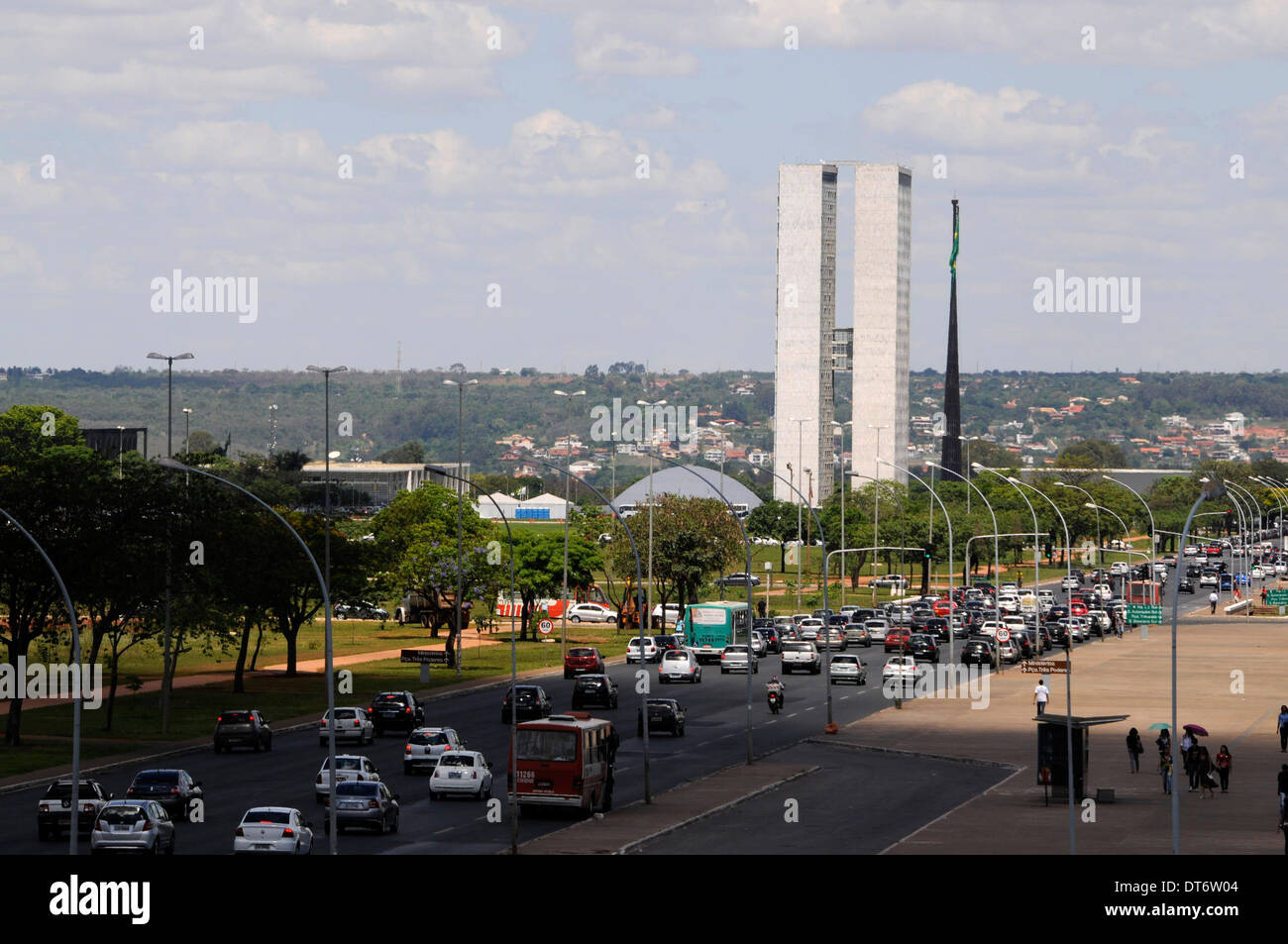 On Esplanada dos Ministerios and the twin towers of the National Congress of Brazil (Brazilian Parliament) in Brasilia, Brazil. Stock Photo