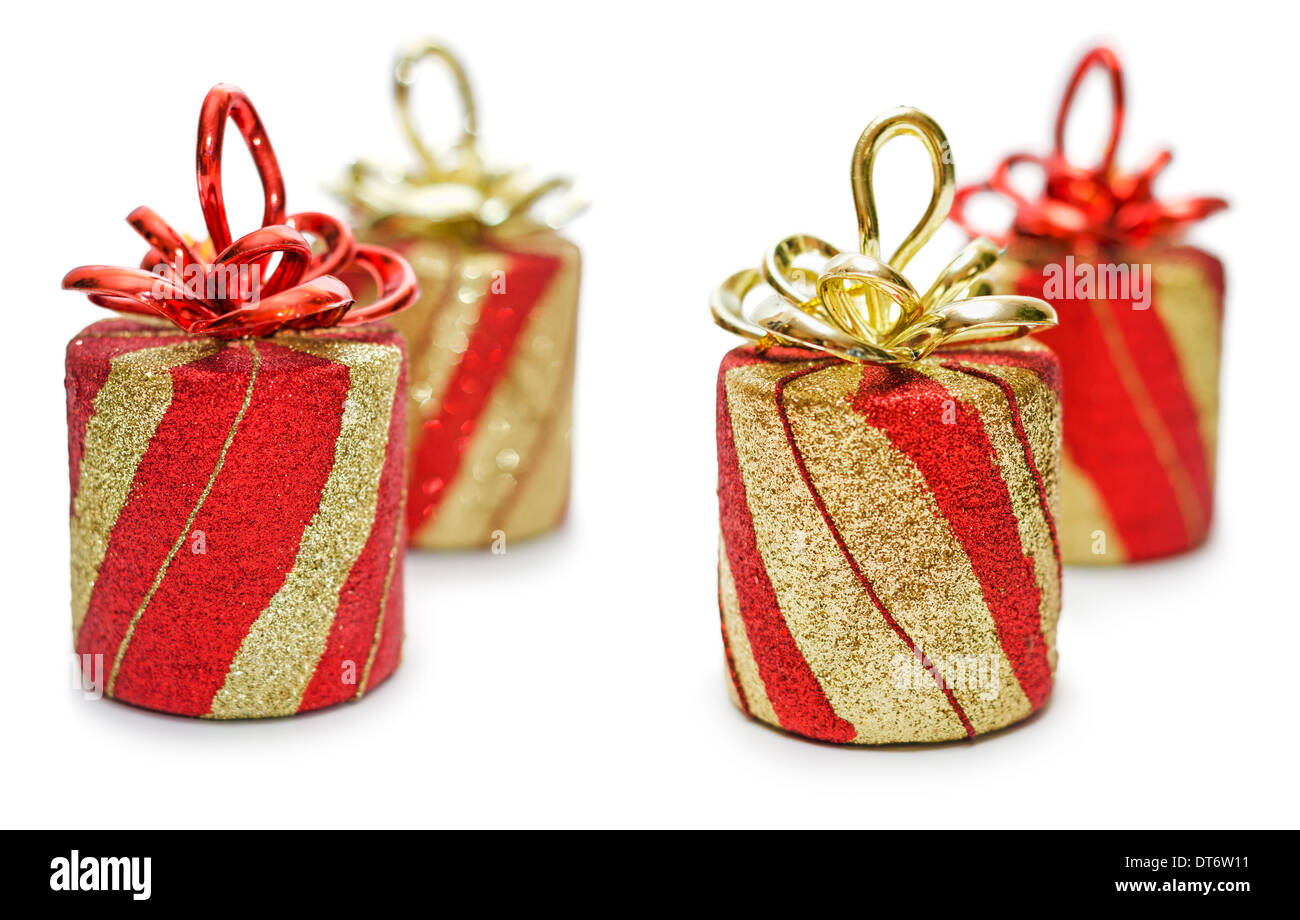 Red and golden gift box with ribbon and bow isolated on the white ...