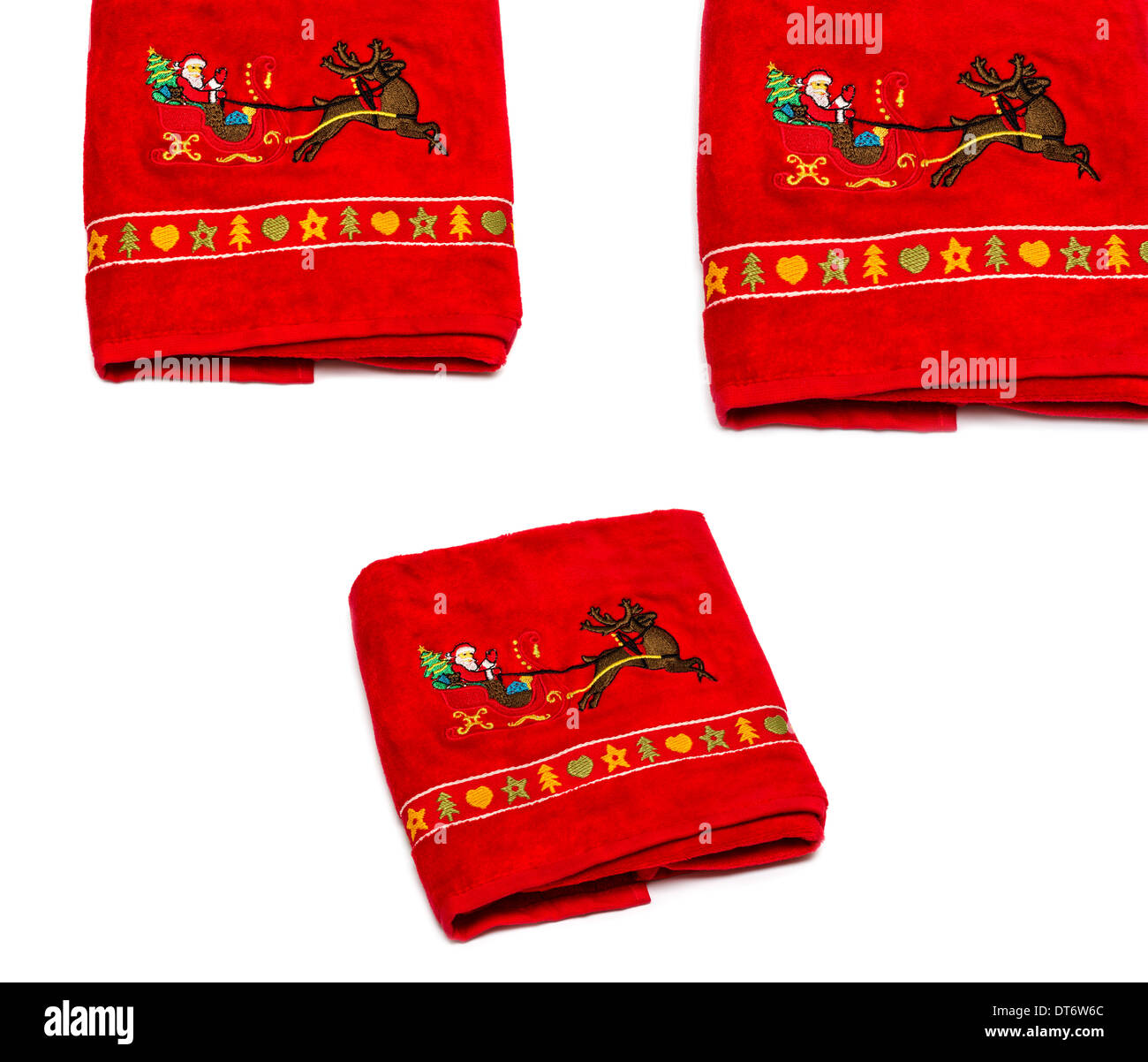 Set of New Year towels, Santa sleigh and reindeer, isolated on white background Stock Photo