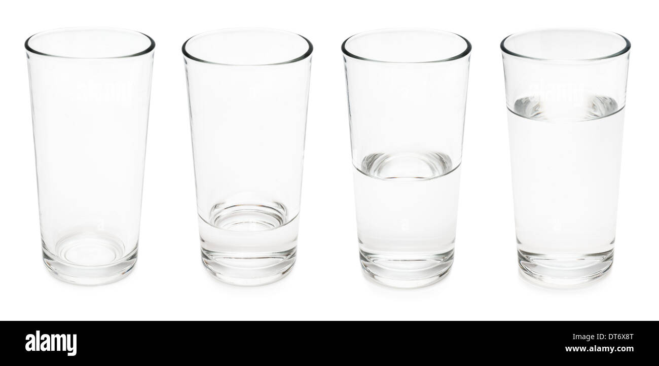 Set of water glasses. Empty, half and full. Isolated on white background Stock Photo