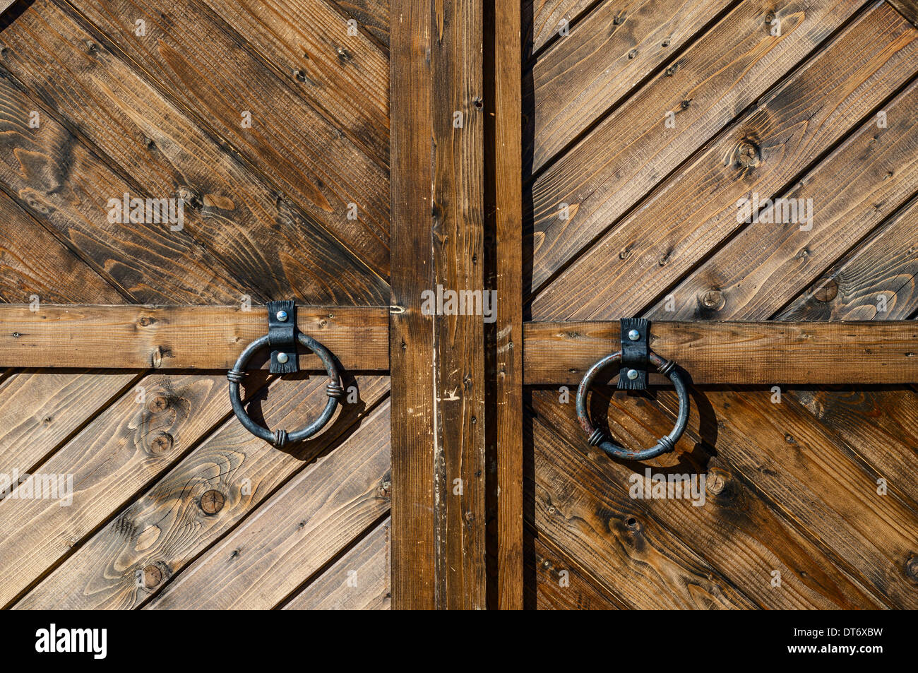 Antique wooden gate with metal handle. Сloseup Stock Photo Alamy