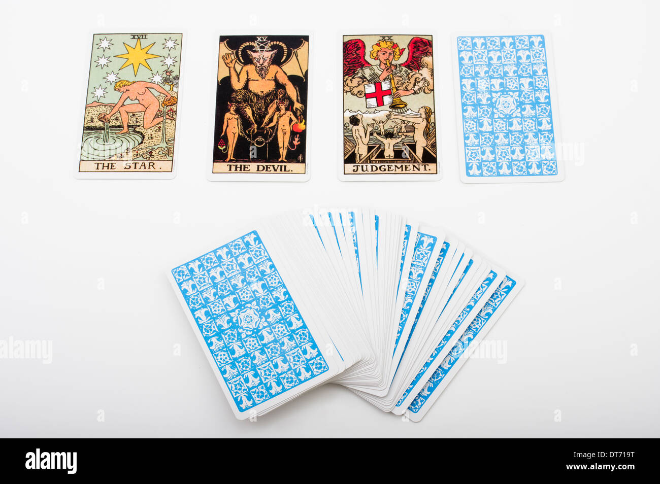 Tarot playing cards used by mystics, occultists for divination and fortune telling Stock Photo