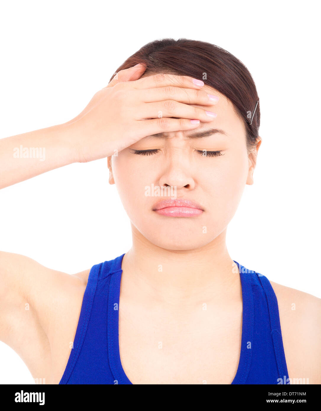 painful and fever pretty girl with touching head . Stock Photo