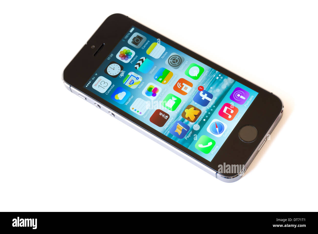 Apple iPhone 5s smart phone designed by Jonathan Ive, includes fingerprint recognition to unlock Stock Photo