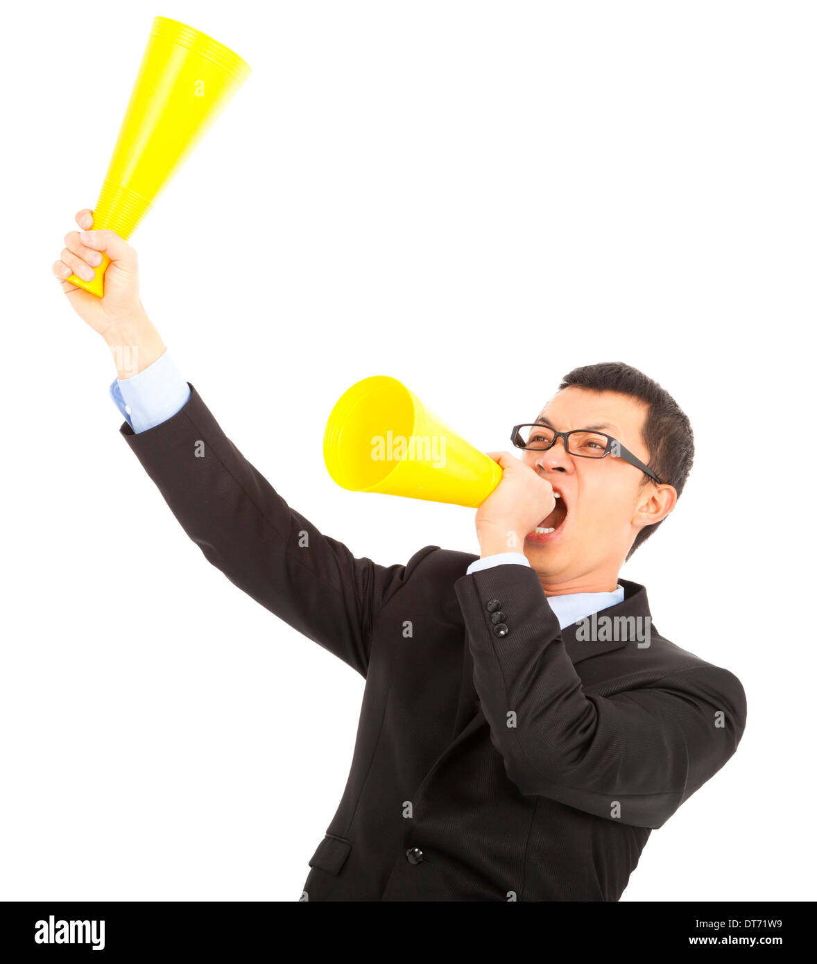 asian Businessman  encouraging and inspiring with cheering megaphone in studio Stock Photo