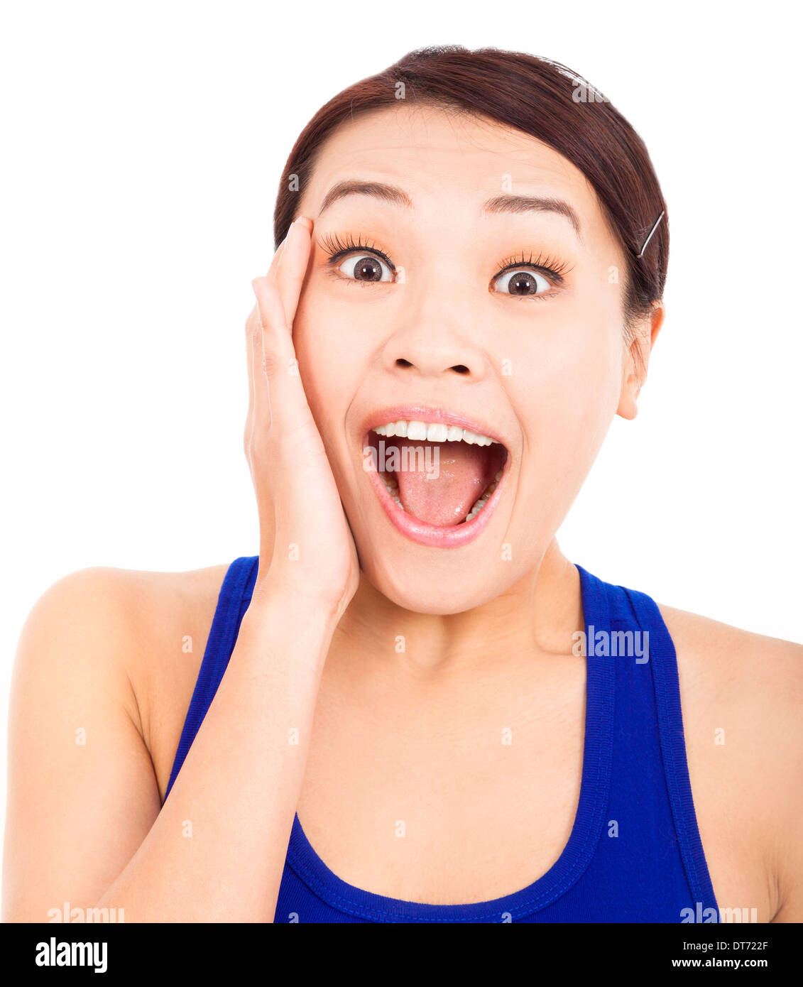 Pretty Asian Woman Feel Surprised Facial Expression Over White Stock