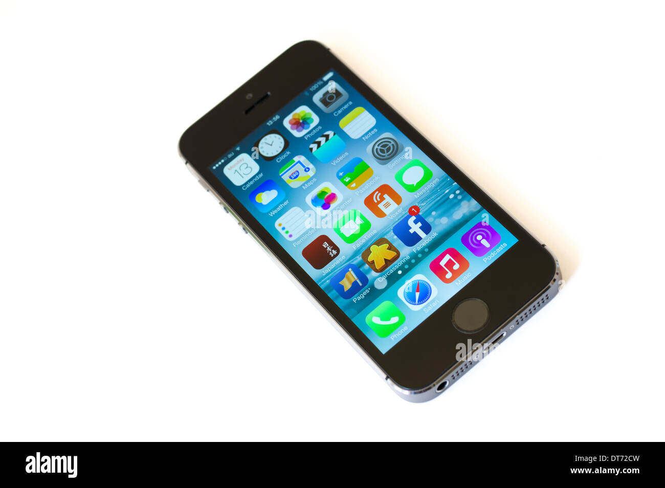 Apple iPhone 5s smart phone designed by Jonathan Ive, includes fingerprint recognition to unlock Stock Photo