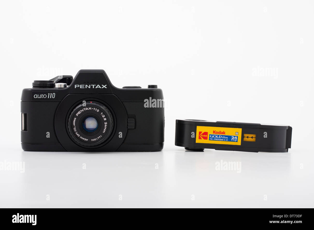 Pentax auto 110 film SLR camera using compact 110 film ( Kodak ) Stock Photo