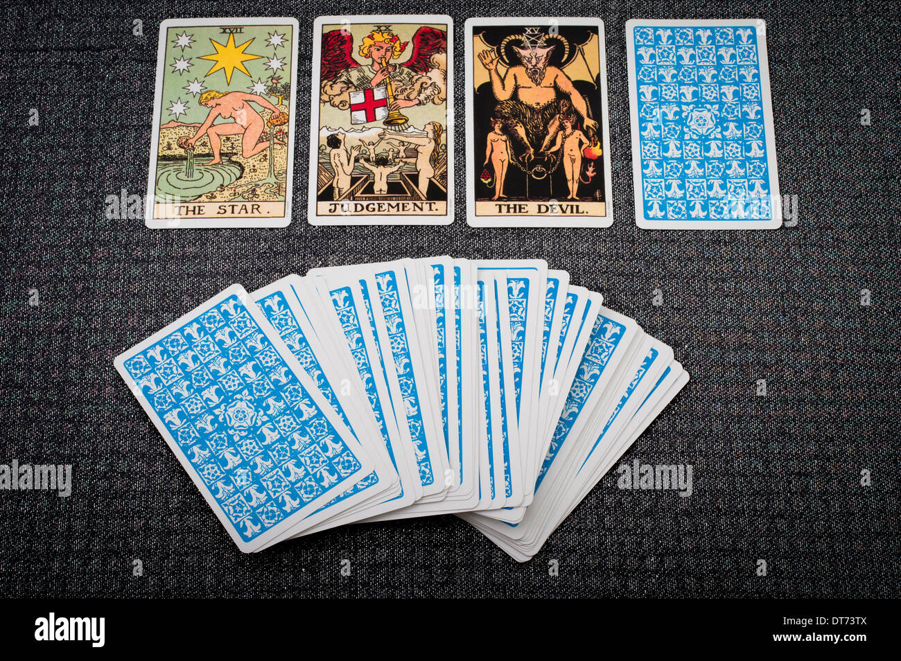 Tarot playing cards used by mystics, occultists for divination and fortune telling Stock Photo