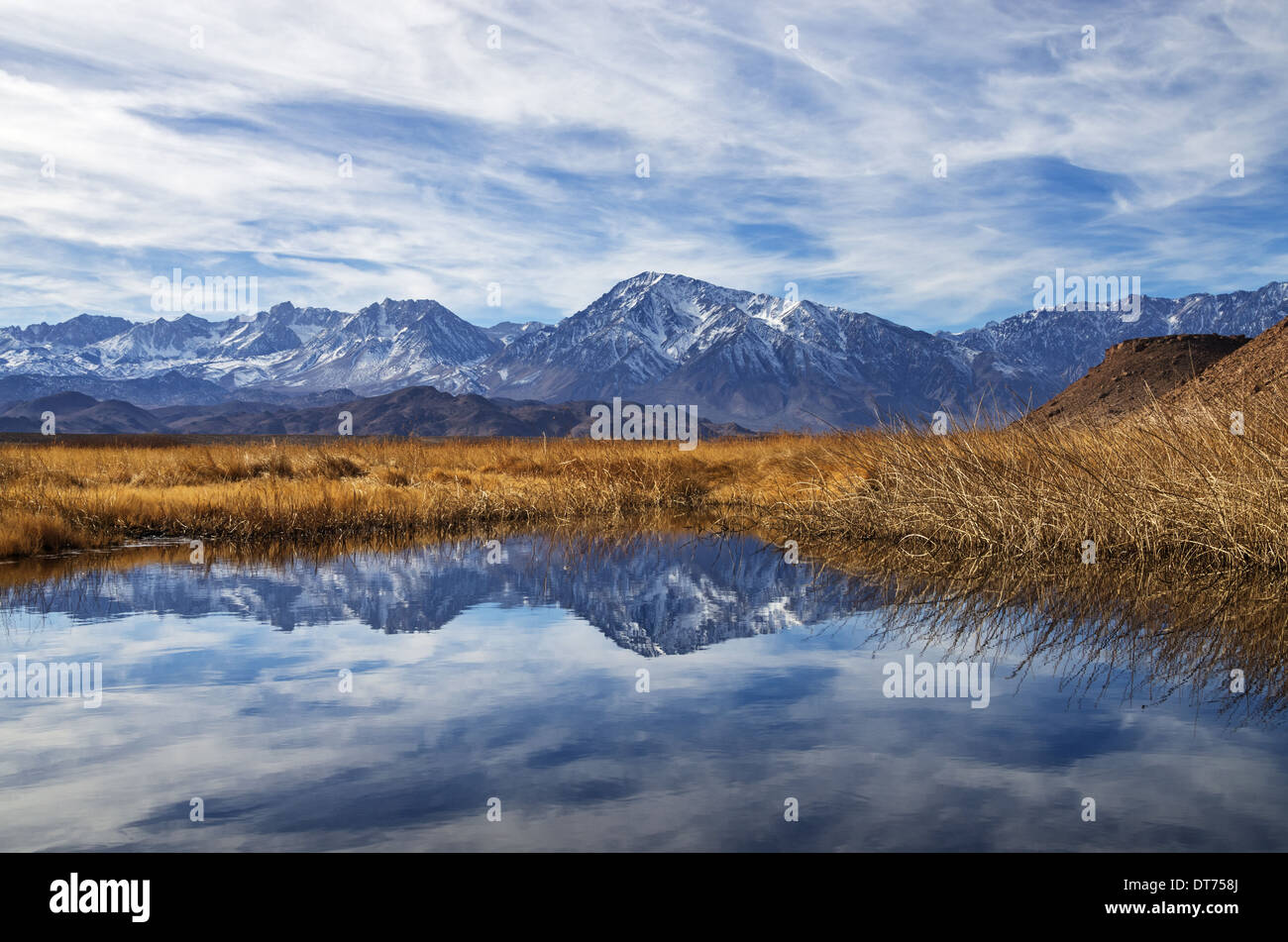 Sierra Mountains reflection in a loop of the Owens River Stock Photo