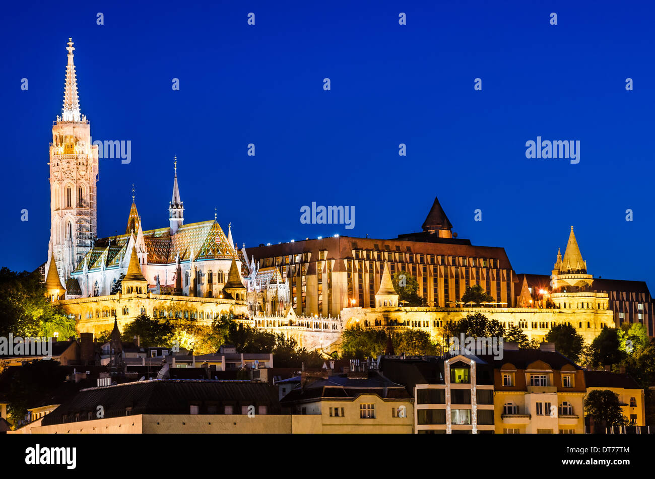 Night view with Danube River, Matthias Church and Fishermen Bastion in Budapest, capital of Hungary. Stock Photo