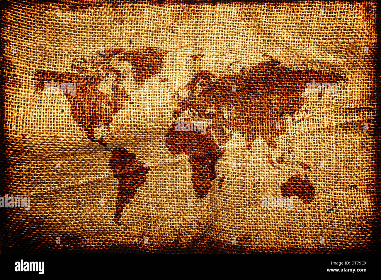Old world map on hesian sack, natural jute canvas texture. Stock Photo