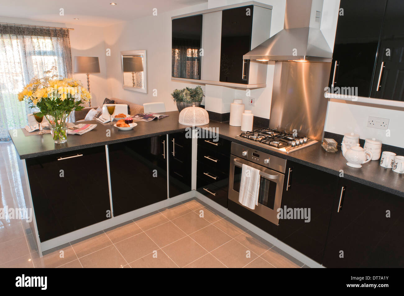 Modern black fitted kitchen Stock Photo