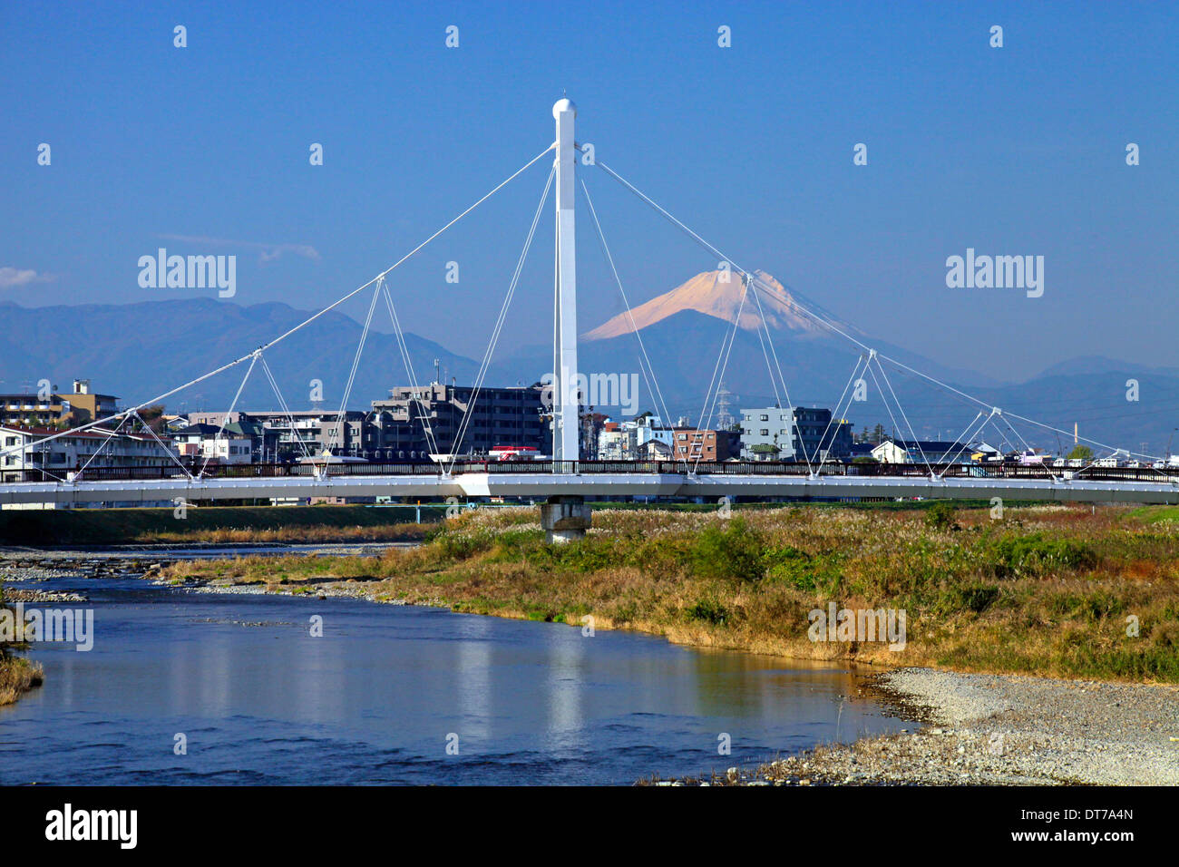 Mount Fuji and Fureai-Bashi bridge on Asakawa river Hino Tokyo Japan Stock Photo