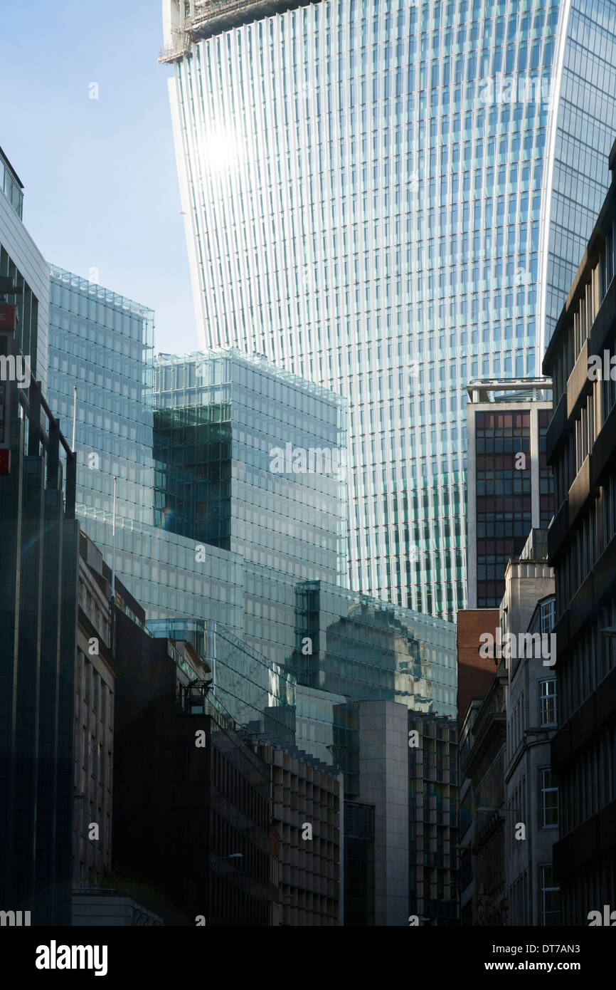 looking down Fenchurch St towards exterior / outside of 21 Fenchurch Street, also known as The Walkie Talkie building. London UK Stock Photo