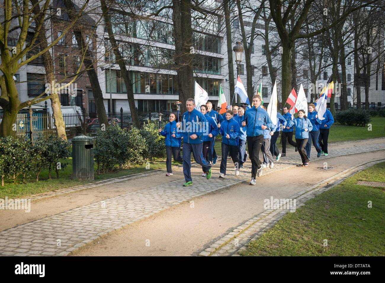 Brussels, Belgium. 11th February 2014. Lighting of the Peace torches of the Sri Chinmoy Oneness-Home Peace Run in Brussels, Belgium on 11.02.2014 Since initiation of Peace Run in 1987, the torch has visited over 140 countries and has touched the lives of millions of people. by Wiktor Dabkowskig (Credit Image: Credit:  Wiktor Dabkowski/ZUMAPRESS.com/Alamy Live News) Stock Photo