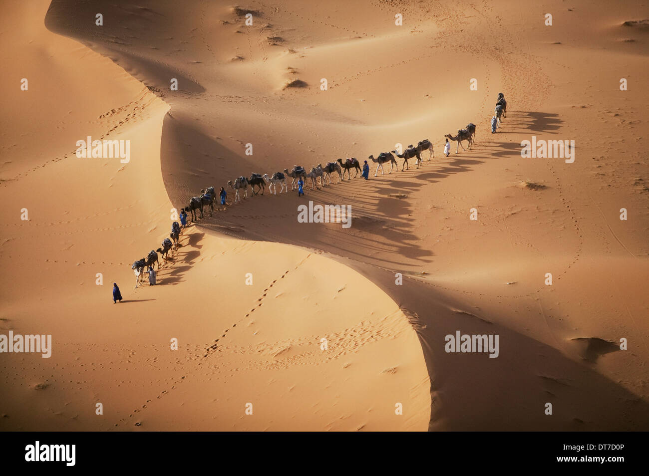 setting sun over desert shadow as a caravan camel merchants winds their way toward the next stop on their journey Sahara Desert Stock Photo