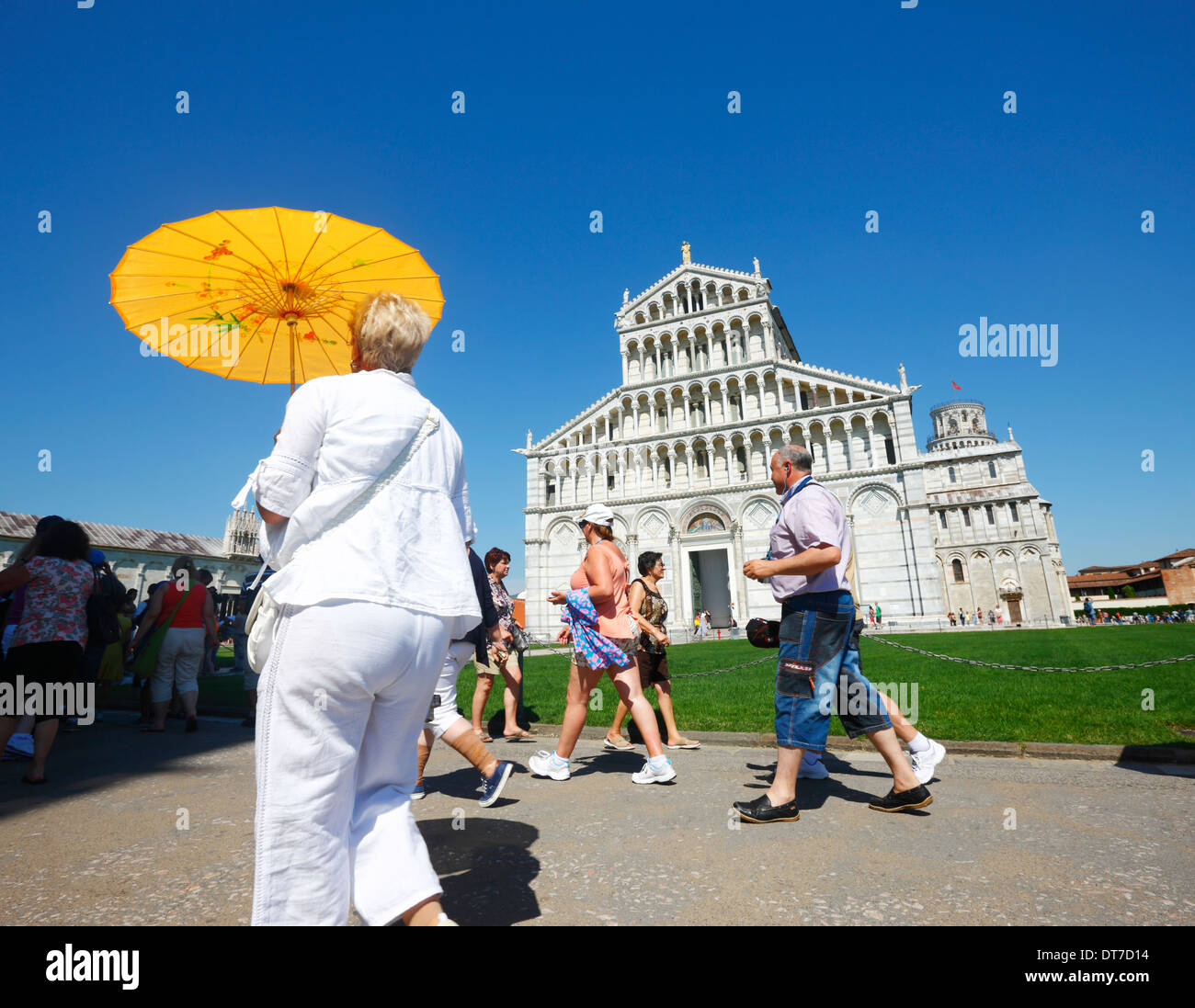 Pisa Piazza Dei Miracoli with tourists, Italy. Stock Photo