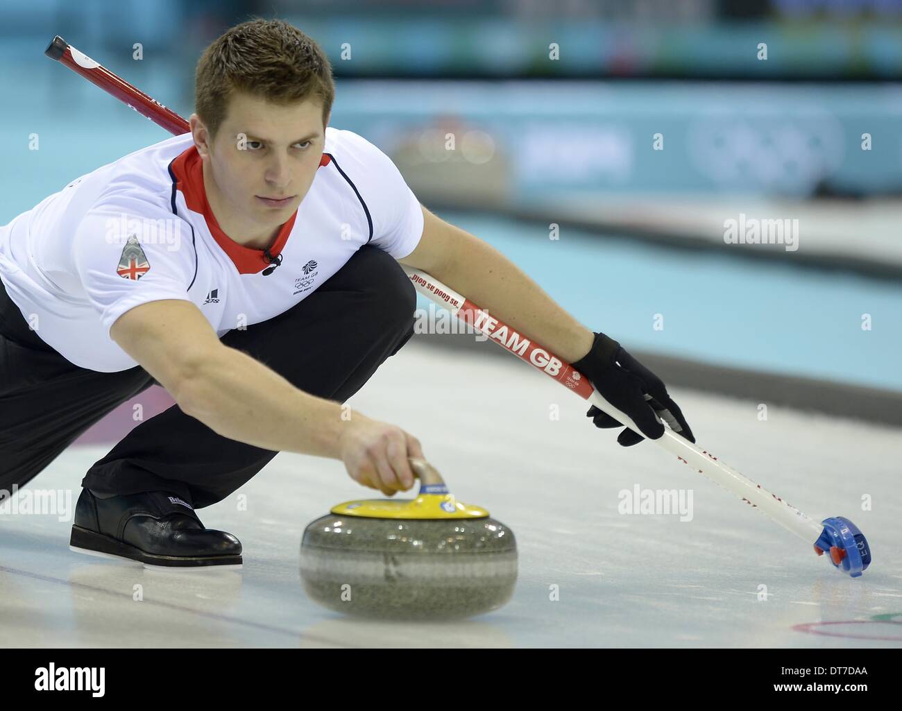 Sochi, Russia. 10th February 2014. Scott Andrews (GBR). Mens Curling - Ice cube curling centre - Olympic Park - Sochi - Russia - 10/02/2014 Credit:  Sport In Pictures/Alamy Live News Stock Photo