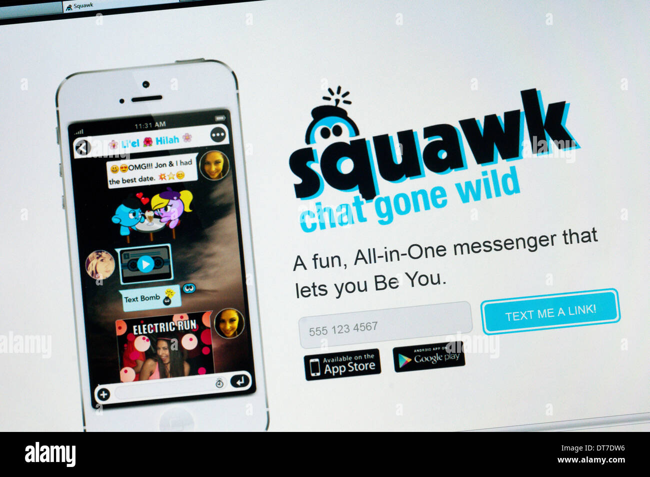 The website of squawk, an online messaging app. Stock Photo