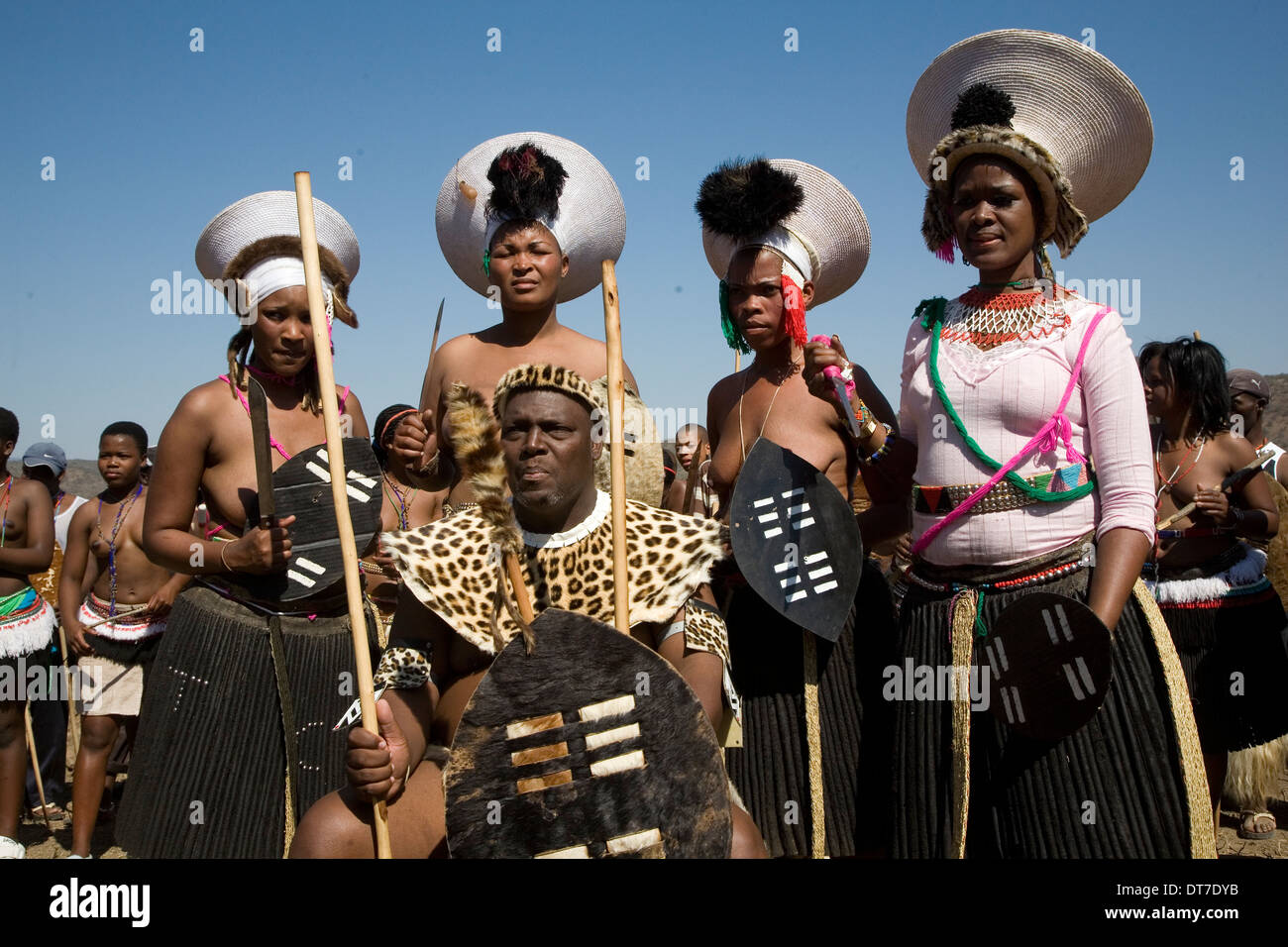 Zulu Bridegroom Milton Mbele marries his four Zulu Brides Thobile, Zanele, Smangele and Baqinisile at his home stead in rural Stock Photo