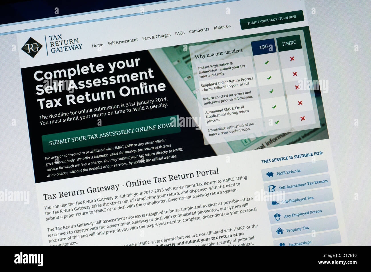 Home page of Tax Return Gateway web site - not an official Government site. Stock Photo