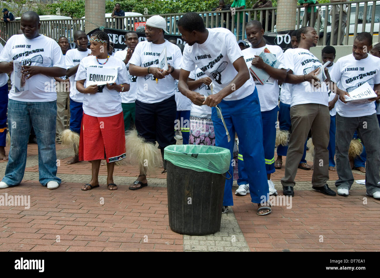 South Africans protest the Secrecy Bill in Durban through a coffin cavelcade, (the death of democracy) the mock trashing of Stock Photo