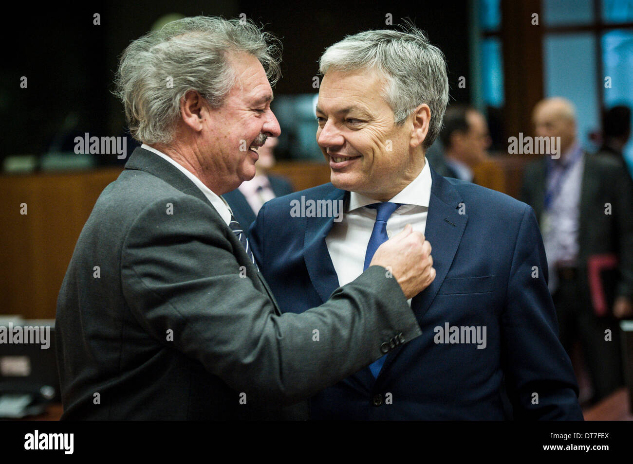Luxembourg's Foreign Minister Jean Asselborn (L) and Belgian Foreign Minister Didier Reynders during General Affair Council European Affairs ministers meeting at European Council headquarters in Brussels, Belgium on 11.02.2014 Ministers take a decision on the authorisation of the placing of the market for cultivation purposes of the genetically modified maize 1507. The Council established also an EU military operation to contribute to a secure environment in the Central African Republic, as authorised by the UN Security Council in resolution 2134. by Wiktor Dabkowski Stock Photo