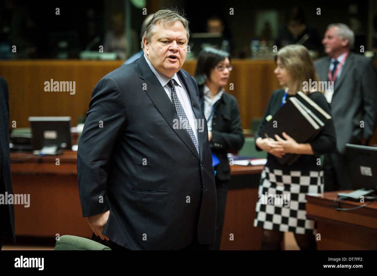 Greek Foreign Minister Evangelos Venizelos arrives during General Affair Council European Affairs ministers meeting at European Council headquarters in Brussels, Belgium on 11.02.2014 Ministers take a decision on the authorisation of the placing of the market for cultivation purposes of the genetically modified maize 1507. The Council established also an EU military operation to contribute to a secure environment in the Central African Republic, as authorised by the UN Security Council in resolution 2134. by Wiktor Dabkowski Stock Photo