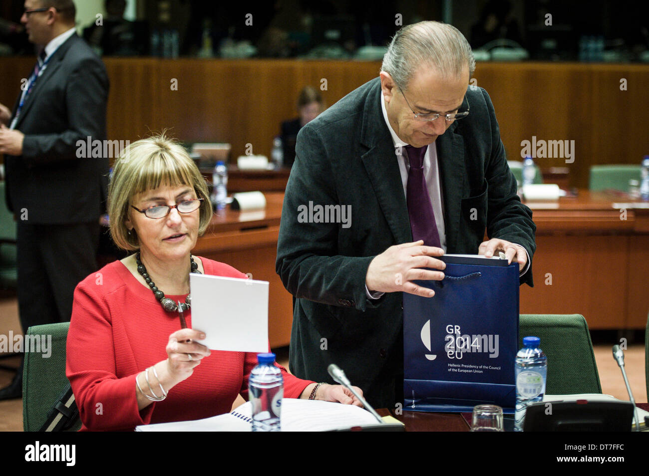 Croatian vice prime minister Vesna Pusic (L) and Cypriot Foreign Minister Ioannis Kasoulides during General Affair Council European Affairs ministers meeting at European Council headquarters in Brussels, Belgium on 11.02.2014 Ministers take a decision on the authorisation of the placing of the market for cultivation purposes of the genetically modified maize 1507. The Council established also an EU military operation to contribute to a secure environment in the Central African Republic, as authorised by the UN Security Council in resolution 2134. by Wiktor Dabkowski Stock Photo