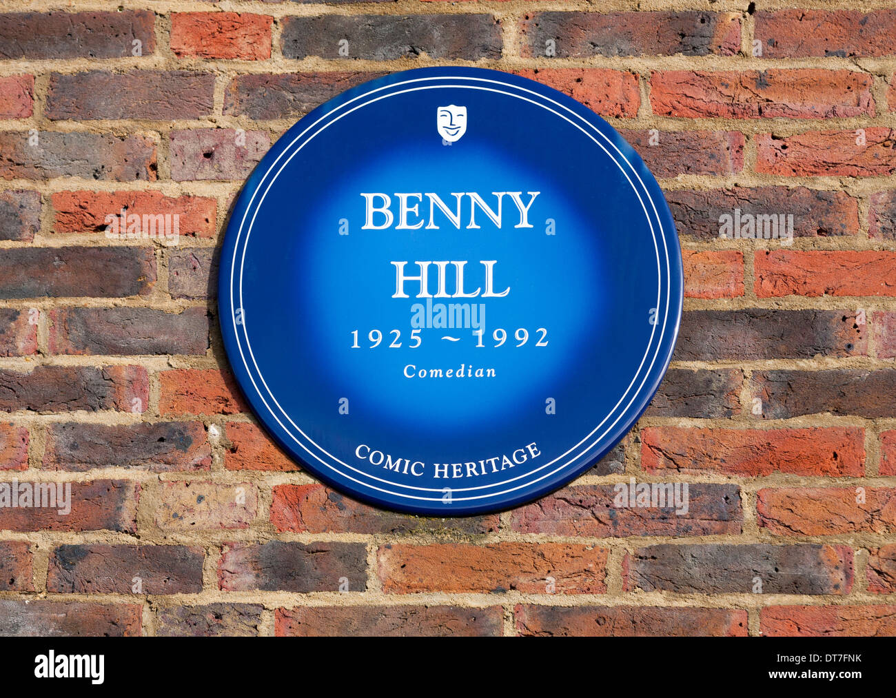Blue plaque dedicated to Benny Hill on the wall of the former Thames Television studios at Teddington Lock, Middlesex. London UK Stock Photo